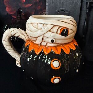 Johanna Parker Halloween Mummy Pumpkin Mug Black Orange Polka Dot NWT